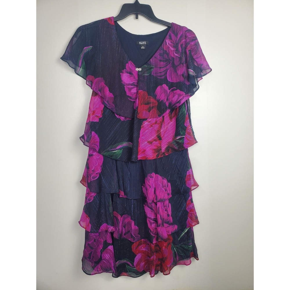 S.L. Fashions Women's Size 14 Short-Sleeve Chiffon Midi Dress with Tiered Floral